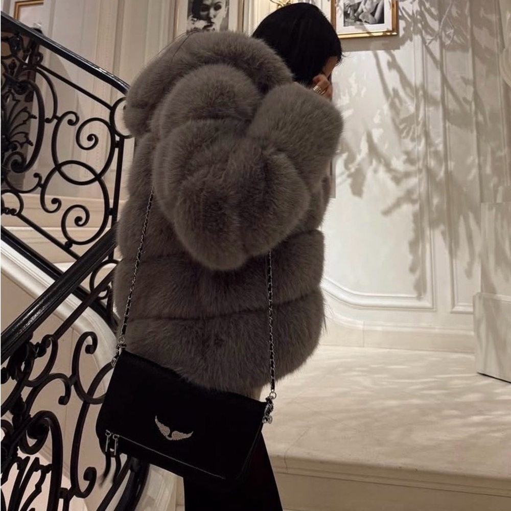 Luxurious Gray Faux Fur Coat